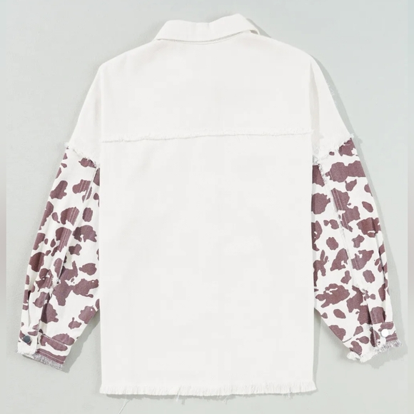 Cow Patchwork Oversized Denim Button-Up Collar Jean Jacket Frayed Exposed Seam - Picture 7 of 16